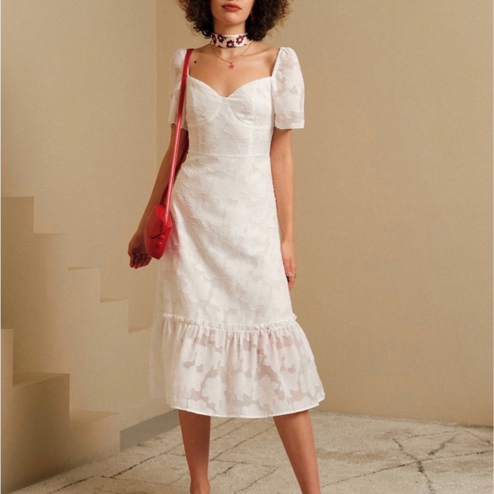 Jacquard Ruffle Trim Midi Dress